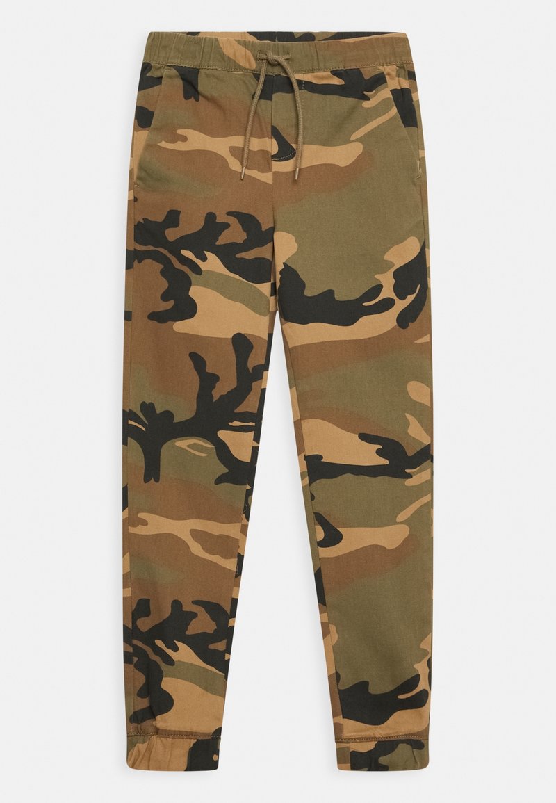 Camo sweatpants with an elastic waistband and drawstring. Features shades of brown, green, and black in a bold camouflage pattern.