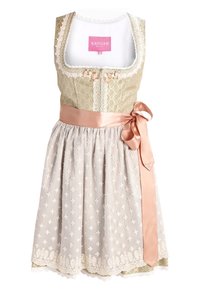 Dirndl vert et beige avec broderies florales, dentelle et une ceinture en satin rose. Présente un corsage ajusté et une jupe ample.