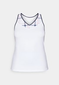 Hvit atletisk tanktop med v-hals og rutete mønster i marineblått og rødt på den øverste delen. Glatt, lett stoff.