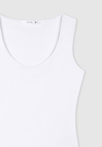 Top bianco senza maniche con scollo rotondo. Tessuto morbido, realizzato in materiale leggero. Presenta un'etichetta con "Terranova" e taglia "S."