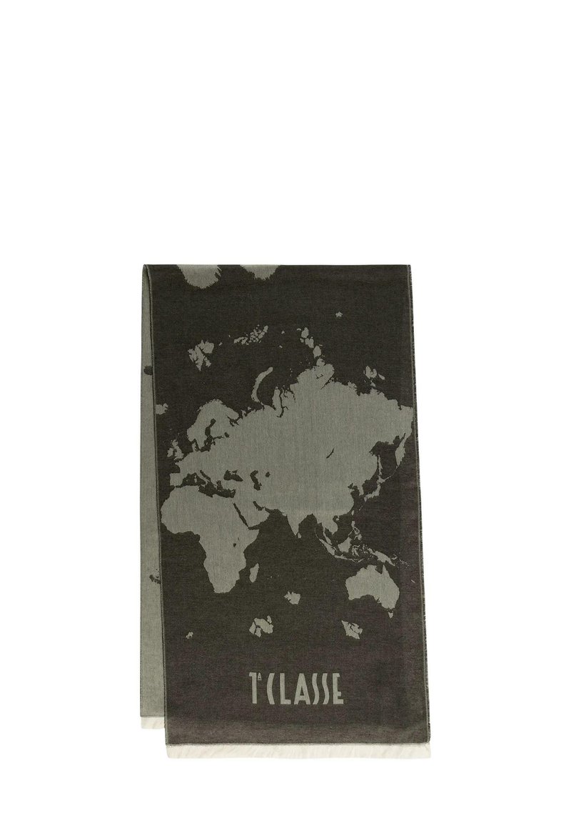 Sciarpa in cotone con un design di una mappa del mondo grigia su uno sfondo scuro, con bordi frangiati e "T'classe" stampato in basso.
