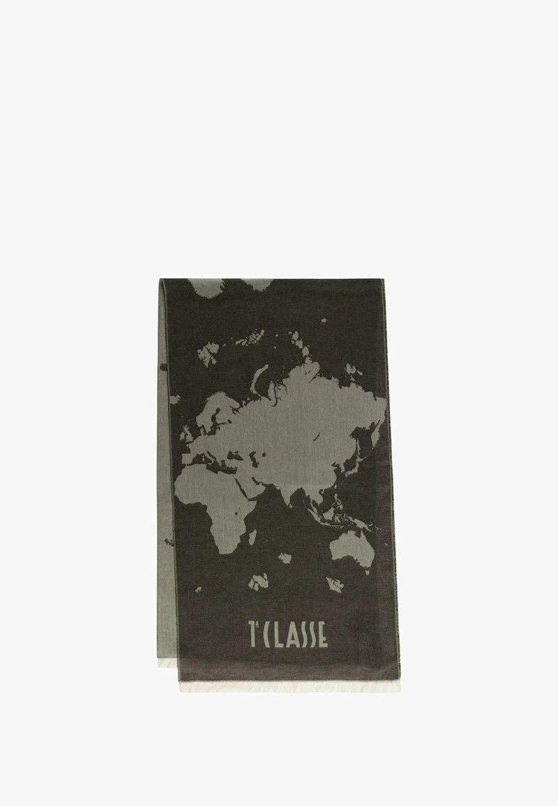 Sciarpa in cotone con un design di una mappa del mondo grigia su uno sfondo scuro, con bordi frangiati e "T'classe" stampato in basso.