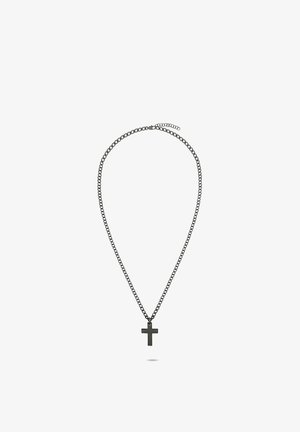 Schwarze Metallkette mit kleinem Kreuzanhänger. Einfaches Design mit glatter Oberfläche und gleichmäßiger Farbe. Verstellbare Länge.