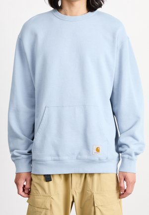 Person wearing a light blue crewneck sweatshirt with kangaroo pocket and beige cargo pants, shown from neck to hips.