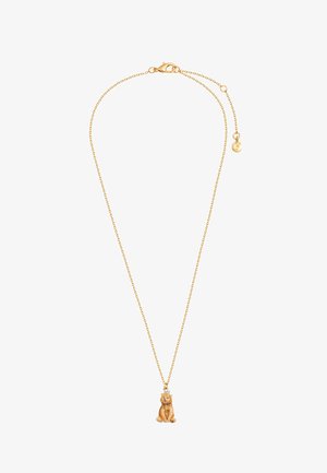 Gold chain necklace with a small brown dog-shaped pendant sitting upright, featuring a lobster clasp and adjustable extender chain.