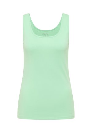 Camiseta sin mangas de color verde menta con cuello redondo, silueta ajustada y etiqueta "CECIL" en el interior del cuello.