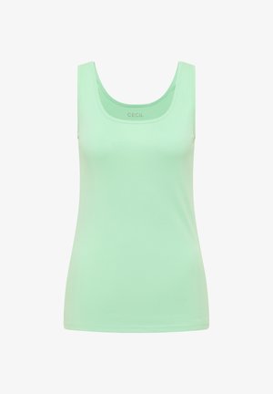 Débardeur vert menthe sans manches avec encolure dégagée, silhouette ajustée et étiquette "CECIL" à l’intérieur du col.
