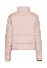 Polstret vinterjakke i blød pink, med høj krave, vandret syninger og elastiske manchetter for en tætsiddende pasform.