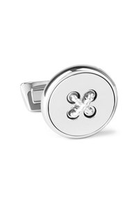 Silver-toned cufflink shaped like a button, featuring a smooth surface, four holes, and twisted cord detail in the center.