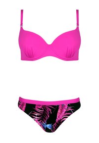 Różowy stanik bikini z drutem i regulowanymi ramiączkami, sparowany z czarnymi majtkami bikini z różowo-niebieskim nadrukiem tropikalnych liści.