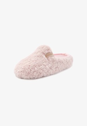 Light pink slipper made of plush material, featuring a soft texture and a closed-back design. Includes a branded leather accent.