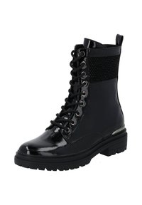 Botas negras con cordones, acabado brillante y panel texturizado. Punta redondeada, suela negra resistente y acento metálico en el tacón.