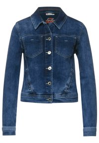 Mörkblå denimjacka med långa ärmar, framknäppning med knappar, två bröstfickor och en klassisk krage.