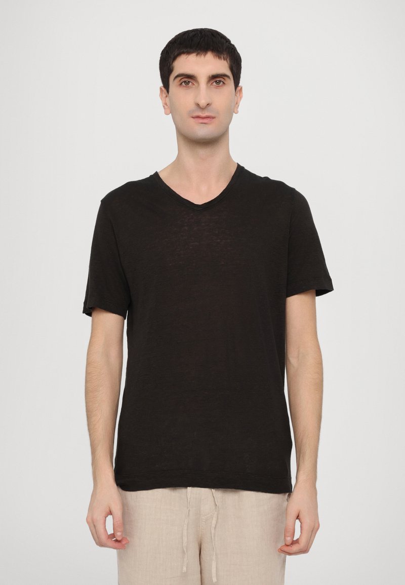 120% Lino - MEN V NECK - T-shirt basique - black solid, Agrandir