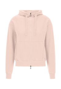 Sudadera rosa claro con cierre de cremallera, capucha ajustable con cordón y dos bolsillos frontales. Hecha de un suave tejido texturizado con puños acanalados.
