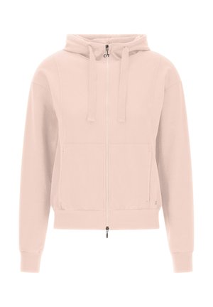 Světle růžová mikina s kapsou na zip, nastavovací kapucí se stahovací šňůrkou a dvěma předními kapsami. Vyrobena z měkké, strukturované látky s žebrovanými manžetami.