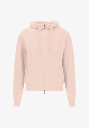 Felpa rosa chiaro con chiusura a zip, cappuccio regolabile con lacci e due tasche frontali. Realizzata in morbido tessuto texturizzato con polsini a costine.