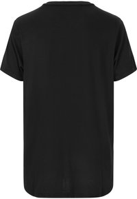 Svart bomullströja med korta ärmar, rundad halsringning och en slät textur; inga synliga logotyper eller mönster på baksidan.