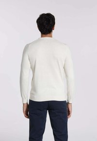 Pull en tricot de couleur crème avec de longues manches, poignets et ourlet côtelés, présenté de dos sur un fond clair.