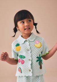 Niña joven con cabello trenzado que lleva una camisa de ganchillo azul claro con parches de frutas y palmeras sobre un fondo beige.