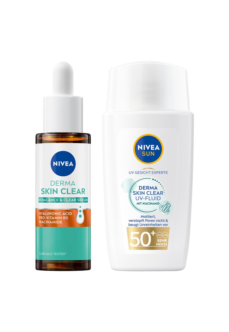 NIVEA Derma Skin Clear serum in a transparent amber glass bottle with a dropper. NIVEA Sun UV-fluid in a white plastic bottle with a flip cap.