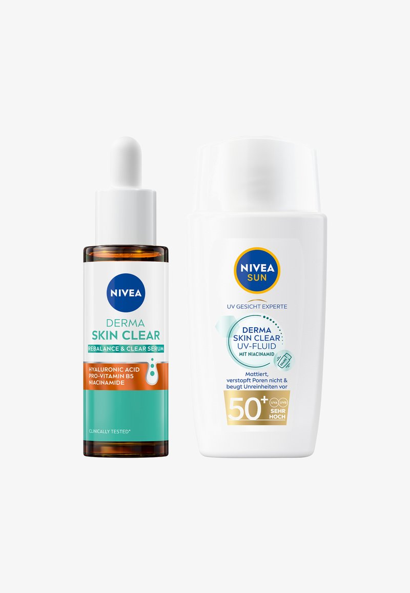 NIVEA Derma Skin Clear serum in a transparent amber glass bottle with a dropper. NIVEA Sun UV-fluid in a white plastic bottle with a flip cap.