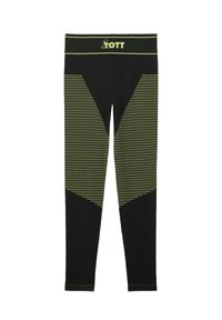 Zwarte leggings met een brede tailleband voorzien van een "OTT"-logo. Helder groene diagonale strepen en horizontale lijnen zorgen voor contrast en visuele aantrekkingskracht.