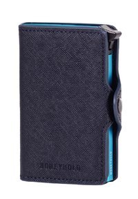 Dark navy blue wallet with a textured fabric exterior, featuring a snap closure and a contrasting turquoise interior.