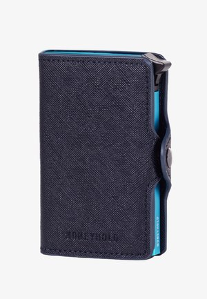 Donker marineblauwe portemonnee met een textured stof exterieur, voorzien van een drukknoopsluiting en een contrasterende turkooise binnenkant.