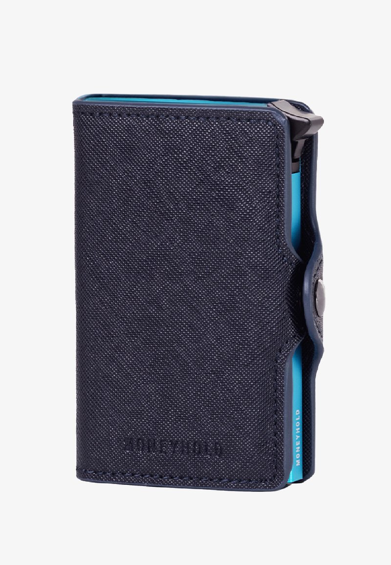 Dark navy blue wallet with a textured fabric exterior, featuring a snap closure and a contrasting turquoise interior.