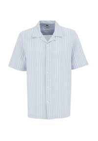 Ljusblå kortärmad skjorta med vertikala vita ränder, krage och framknäppning i en texturerad tyg.