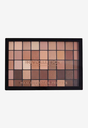 Rechthoekige oogschaduwpalette met 32 tinten in variërende tonen van bruin, beige en perzik; inclusief matte en glanzende afwerkingen. Zwarte behuizing.