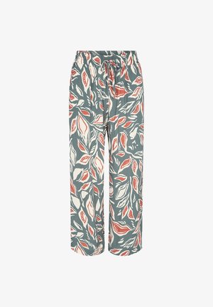 Trykte bukser med vide ben med en grøn bundfarve og hvide og røde bladmønstre, elastisk talje med snor for justerbar pasform.