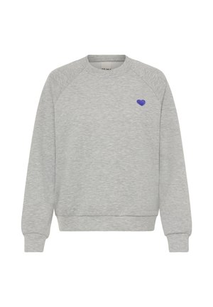 Siva majica iz mehkega blaga z okroglim izrezom in raglan rokavi. Na prsih je manjši vezen srček v vijolični barvi.