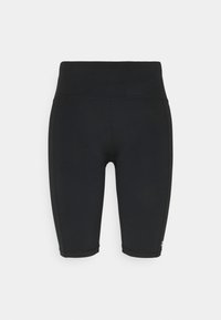 Pantalones cortos de ciclismo ajustados de talle alto y longitud a la rodilla en negro, con costuras planas, mostrados sobre un fondo neutro.