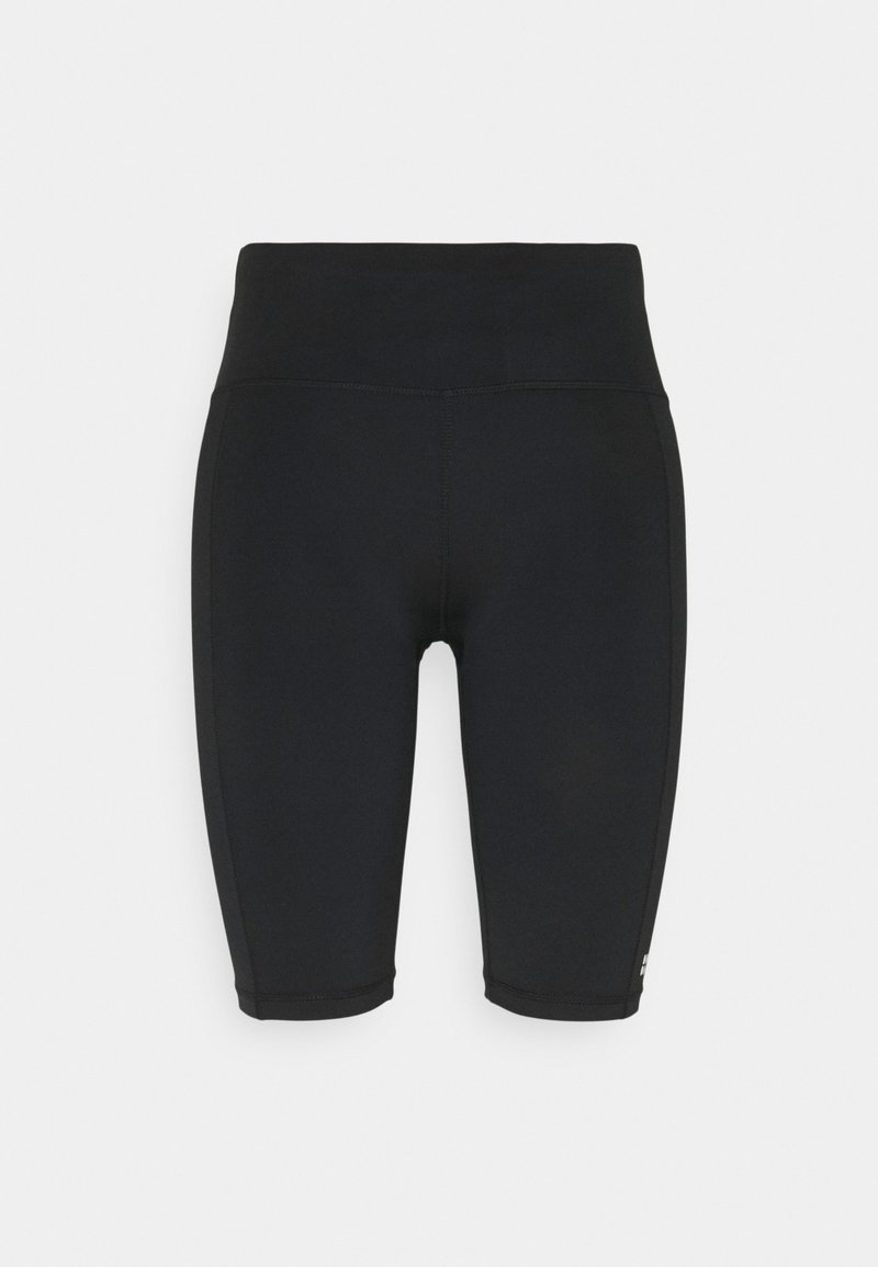 Pantalones cortos de ciclismo ajustados de talle alto y longitud a la rodilla en negro, con costuras planas, mostrados sobre un fondo neutro.