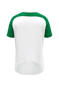 Korte mouwen shirt met een witte basis en groene accenten op de mouwen en de halslijn, gemaakt van lichte stof met een smooth textuur.