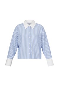 Afklippet blå og hvid stribet skjorte med hvid krave, knaplukning foran, lange ærmer og en enkelt brystlomme. Glat tekstur.