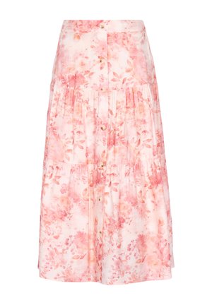 Světlounce růžová midi sukně s vícevrstvým designem, celoplošným korálovým květinovým potiskem a zapínáním na knoflíky vpředu.