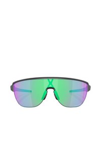 Occhiali da sole avvolgenti con una leggera montatura nera, lenti specchiate che vanno dal verde al viola e un design angolare. Ideali per sport o attività all'aperto.