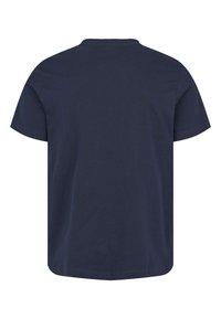 Preprosta temno mornarsko modra majica s kratkimi rokavi, prikazana od zadaj, z okroglim izrezom in brez vidnih vzorcev ali logotipov.