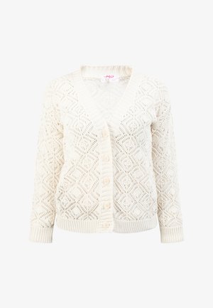 Kreemikas värvi kootud kardigan, millel on rombimuster, sügav V-dekoltee ja nööbid esitükil. Ribadega ääred ja varrukaotste suurendavad tekstuuri.