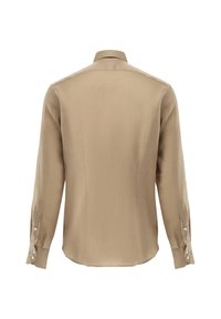 Beige Langarmshirt mit einer glatten Textur, abgerundetem Saum und durchgeknöpften Manschetten. Verfügt über einen klassischen Kragen und ein leicht tailliertes Rückendesign.