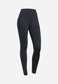 Leggings neri con vita alta, realizzati in tessuto elasticizzato, caratterizzati da dettagli delle cuciture verticali e una forma aderente e elegante.