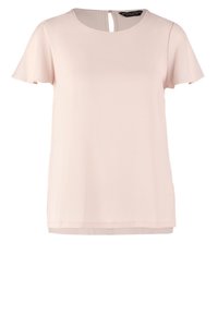 Ljusrosa kortärmad topp med rund halsringning och nyckelhål på baksidan. Tillverkad av textilerat material med rak silhuett.