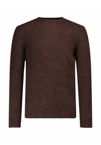 Maglione marrone in lana con scollo tondo, maniche lunghe e polsini a coste. Texture morbida, design semplice, senza motivi o accenti visibili.