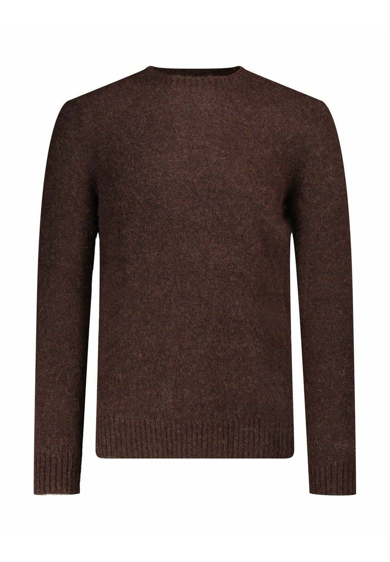 Maglione marrone in lana con scollo tondo, maniche lunghe e polsini a coste. Texture morbida, design semplice, senza motivi o accenti visibili.