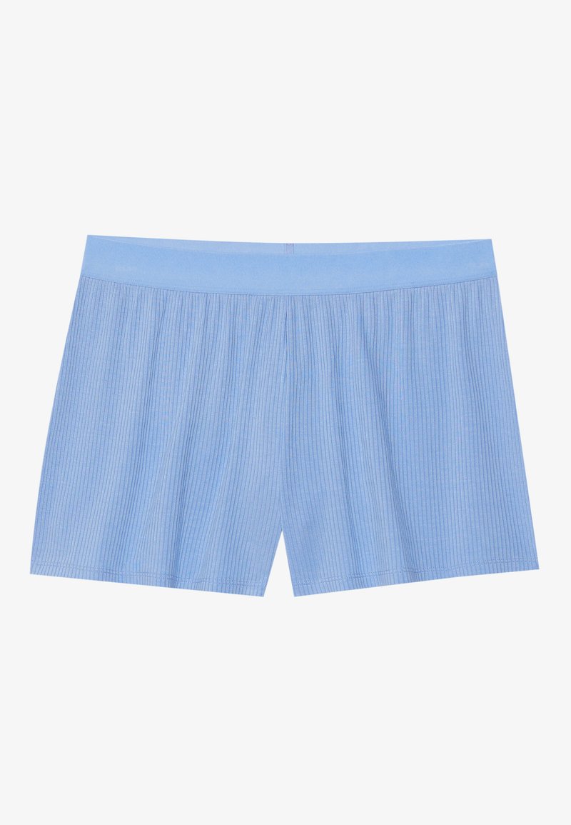 Boxer leggeri blu chiaro a coste con elastico in vita, caratterizzati da righe verticali e una vestibilità rilassata. Tessuto morbido, design di lunghezza media.