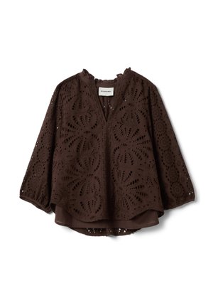 Bruine blouse met lange mouwen met bloemig opengewerkt kanten patroon, V-hals en geplooide kraag, gelaagd over een bijpassende voering.
