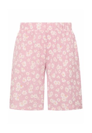 Pantaloncini in tessuto rosa con stampa floreale di margherite bianche e gialle e vita elastica.